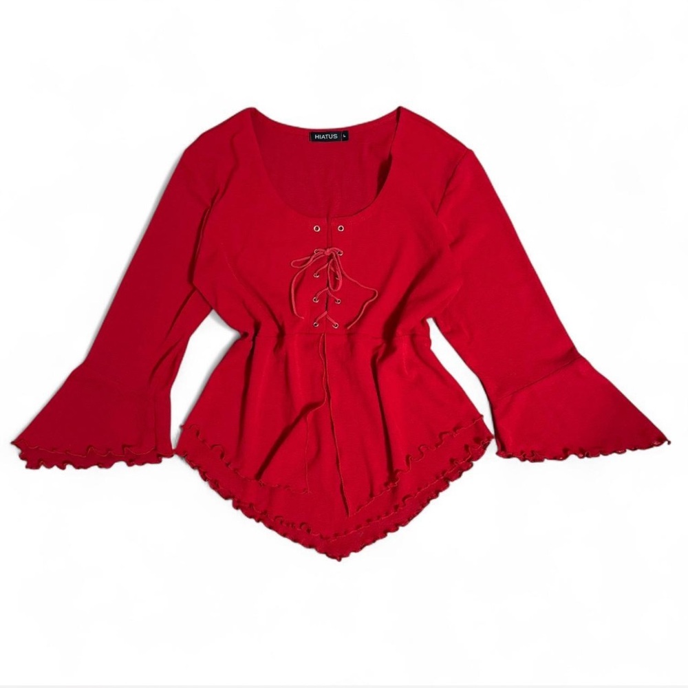 VTG Whimsigoth Y2K Mesh Babydoll Top Fairy Grunge Boho Vamp LettuceTrim Red Sz L